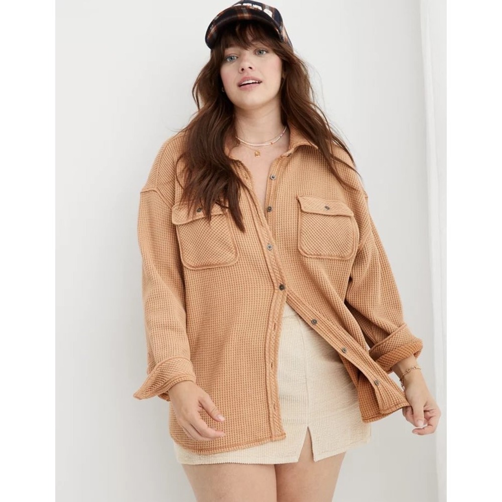 Aerie LumberJane Waffle Shirt XS Oversized Cappuccino Tan Boho Minimal Granola